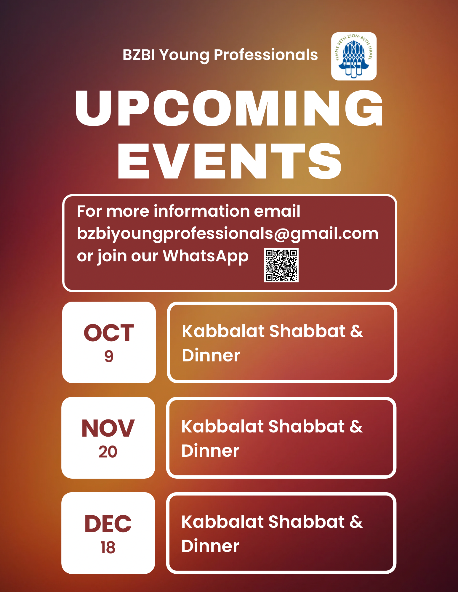 Shabbat Dinners for Young Professionals at BZBI